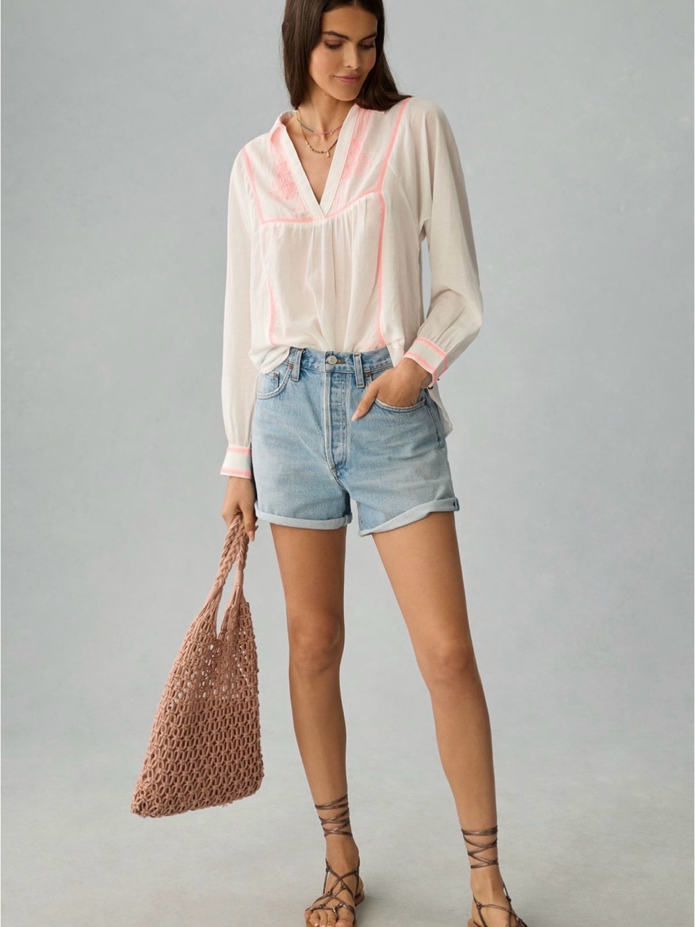NWT Anthropologie | Pilcro White Peasant Blouse with Neon Pink Trim